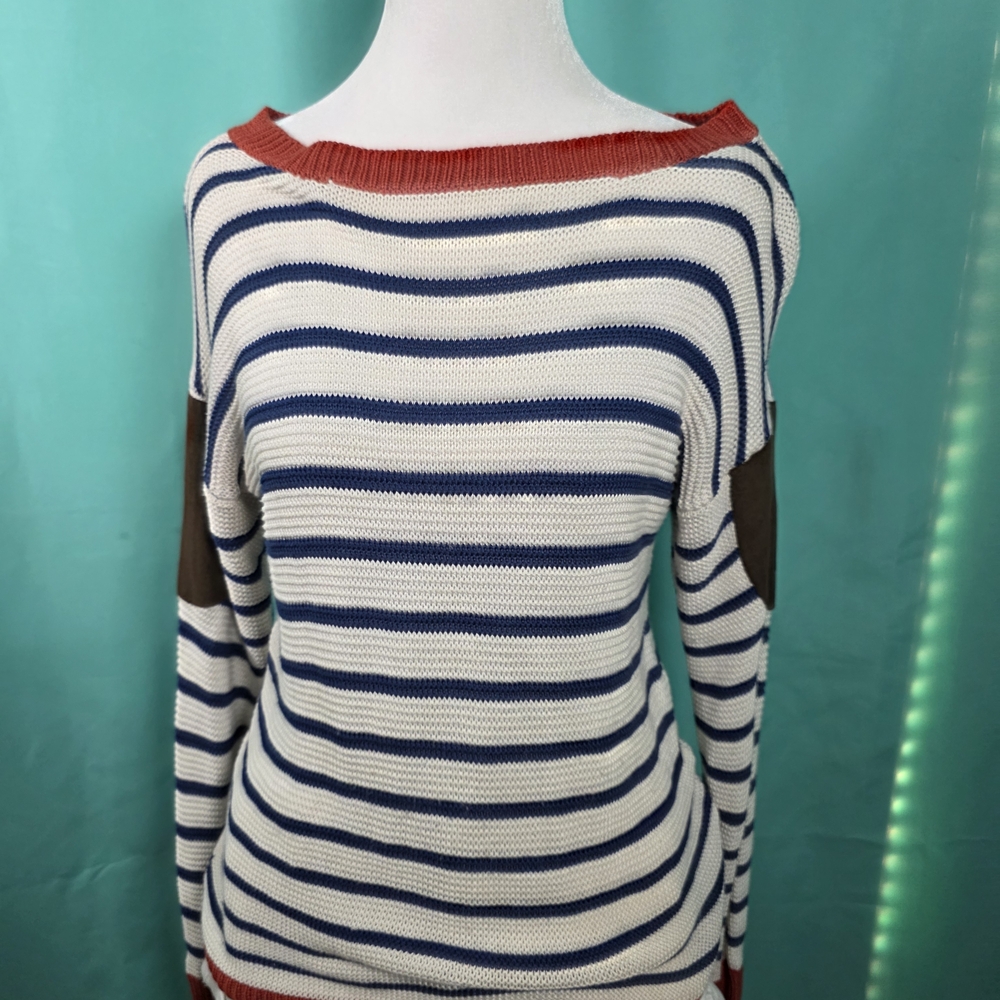 Lemon Tart Striped Knit Sweater with Elbow Patches - Size S